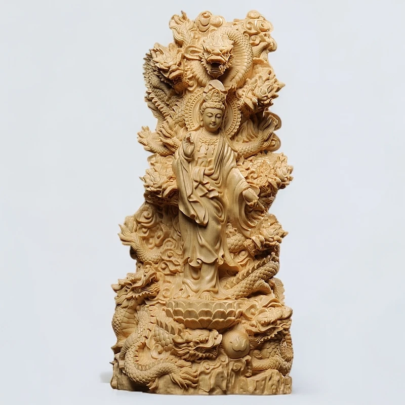 桧木雕刻九龙观音御龙观音菩萨佛像佛堂家用供奉神像摆件工艺品