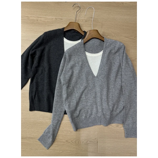 YLDYC【圆领羊毛针织假两件】打底衫v领毛针织衫绵羊毛V领上衣