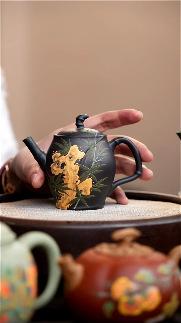 茶壶紫砂云雾天青竹韵壶泥绘青竹