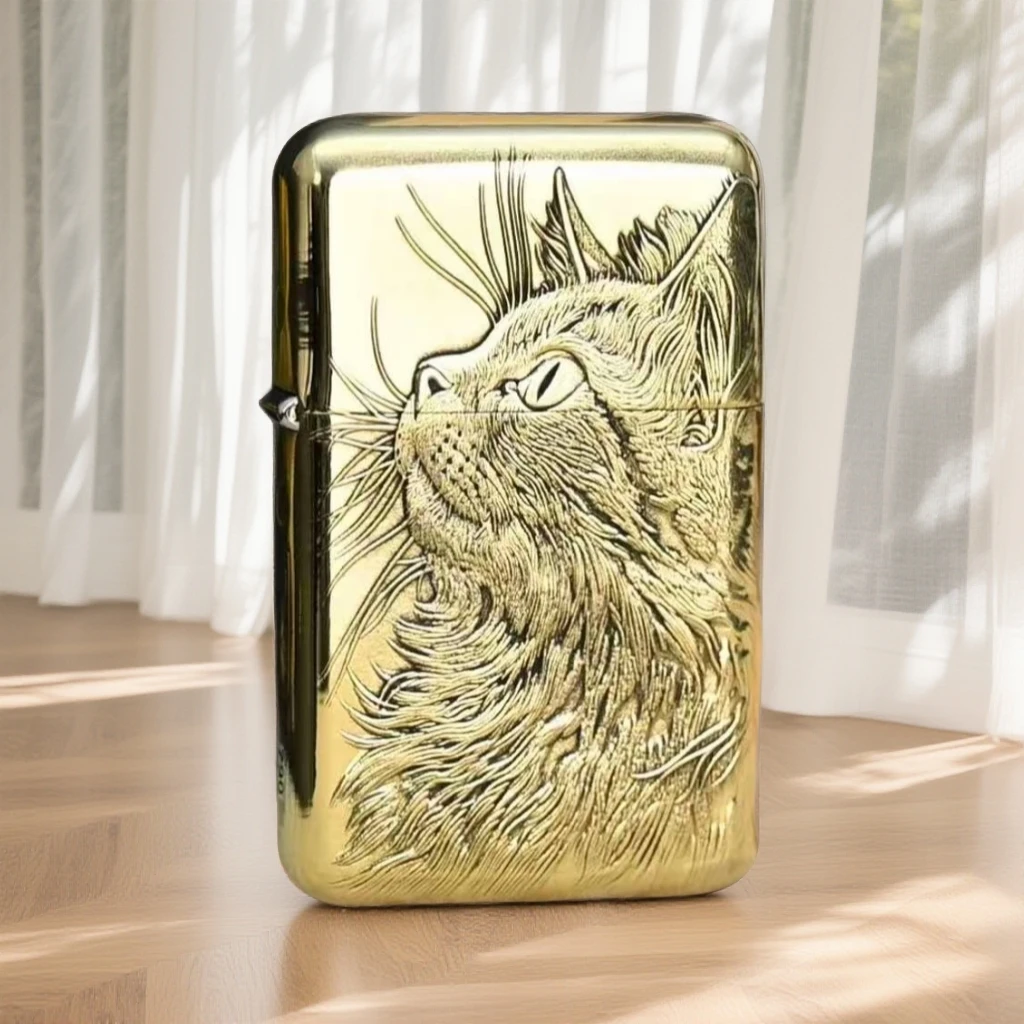 原铜仰望猫咪 立体浮雕防风打火机