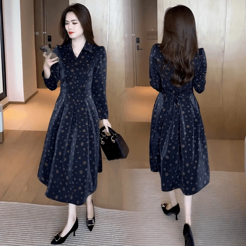 中腰秋季拼接碎花黑色中长连衣裙女装春季法式裙子2025妈妈装潮流