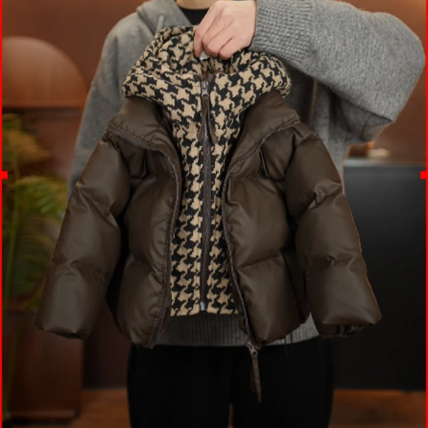 2024冬季加绒加厚新款儿童潮流时尚连帽休闲皮衣羽绒服58689