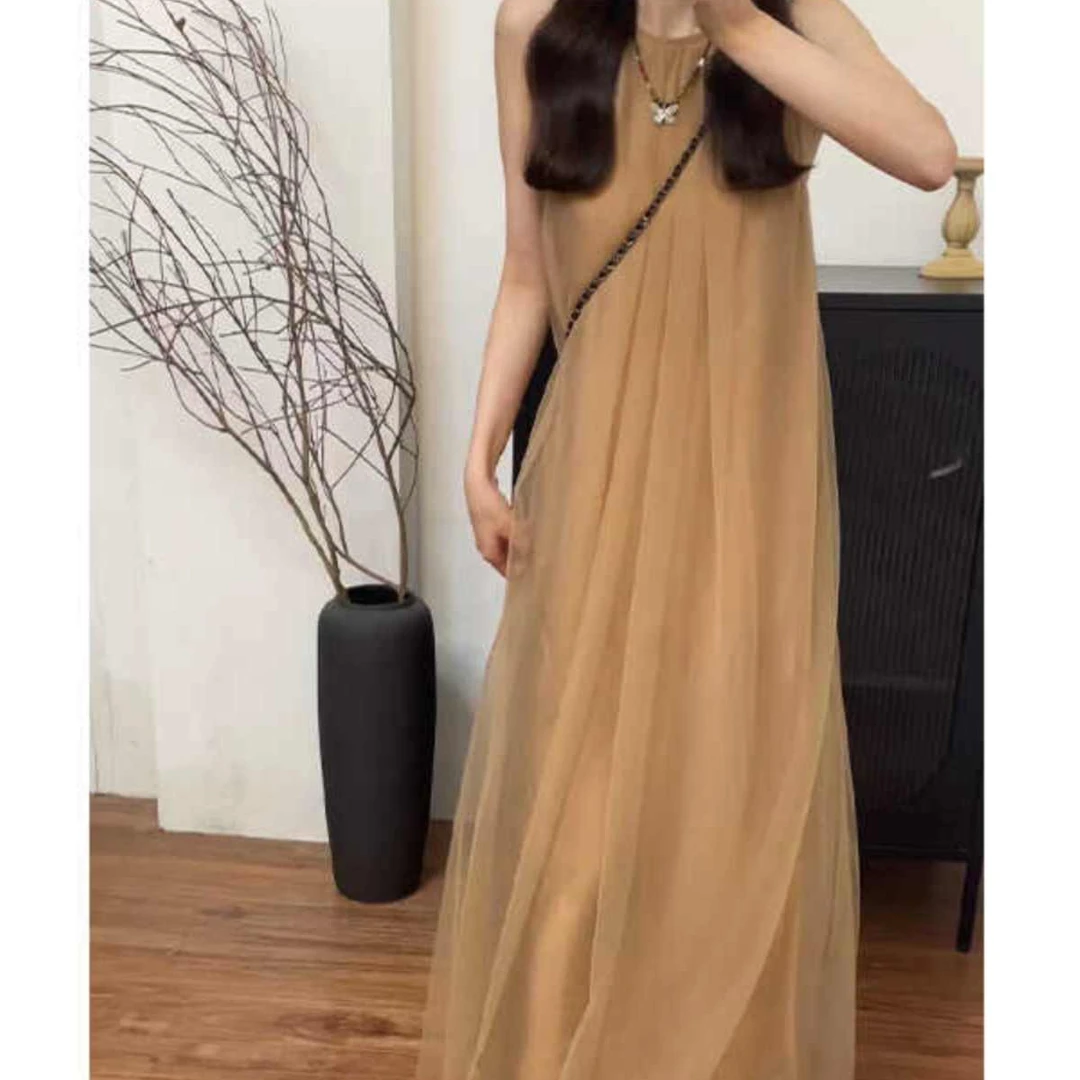 夏季复古褶皱无袖薄款网纱连衣裙女2025新款休闲宽松显瘦背心长裙