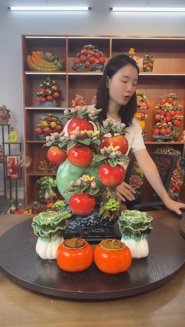 陶瓷玉环六苹果树摆件