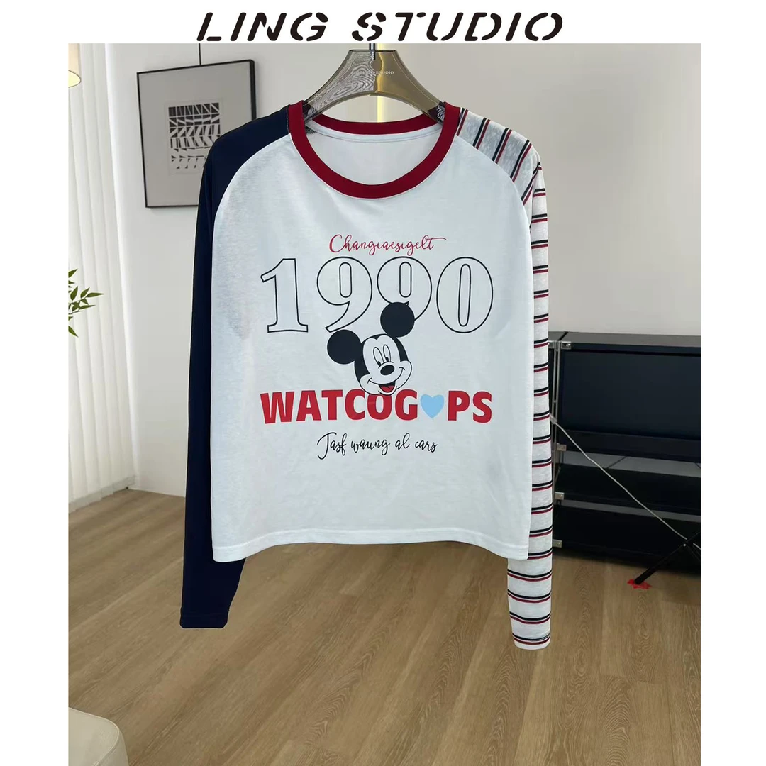 LING/STUDIO『半糖米奇』夏季时尚百搭圆领拼接防晒衫T恤5060931