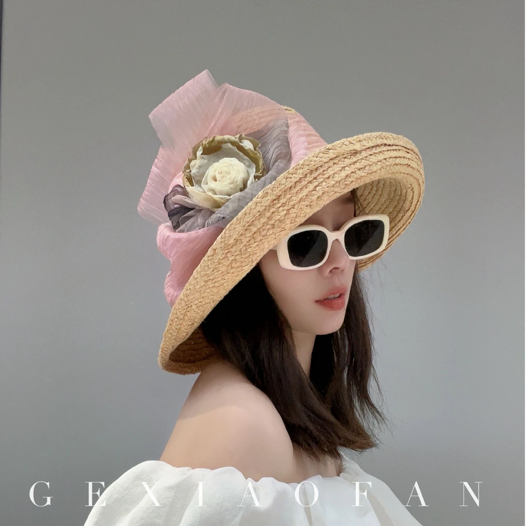 夏季手工拉菲草薄雾欧根纱仙气赫本大帽檐帽子蝴蝶结遮阳防晒草帽