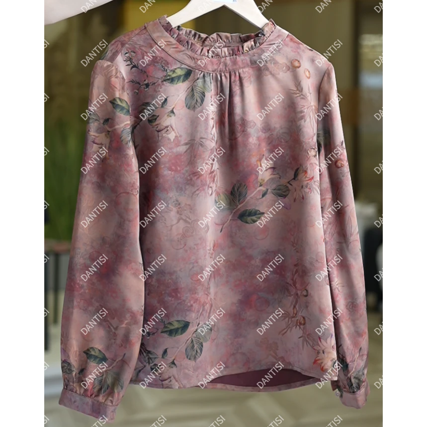 云岫《非遗美学》1735复古风柔美粉调花卉印花雪纺上衣