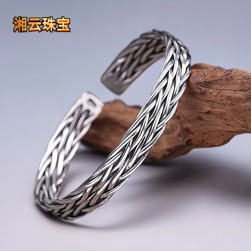 湘云 足银手镯 999.9纯银九股缠绵麻花手镯复古男款纯手工约53克