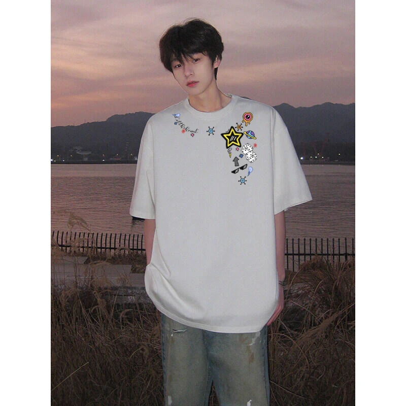 夏季新款潮牌T恤男短袖重磅纯棉圆领百搭印花上衣休闲半袖宽松ins