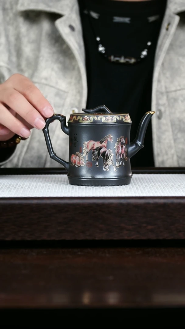 茶壶紫砂珐琅彩石黄八骏图高竹节260cc