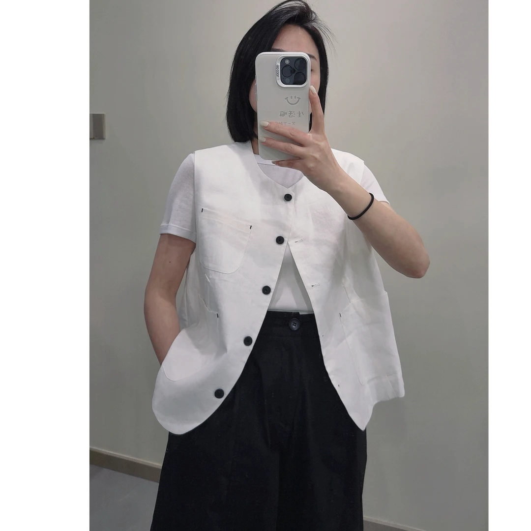 5075小CC时尚穿搭2025夏款气质简约单排扣百搭显瘦满分亚麻马夹