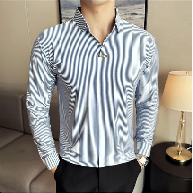 薄款条纹长袖polo衫男商务休闲t恤男士暗门襟韩版高弹衬衫修身