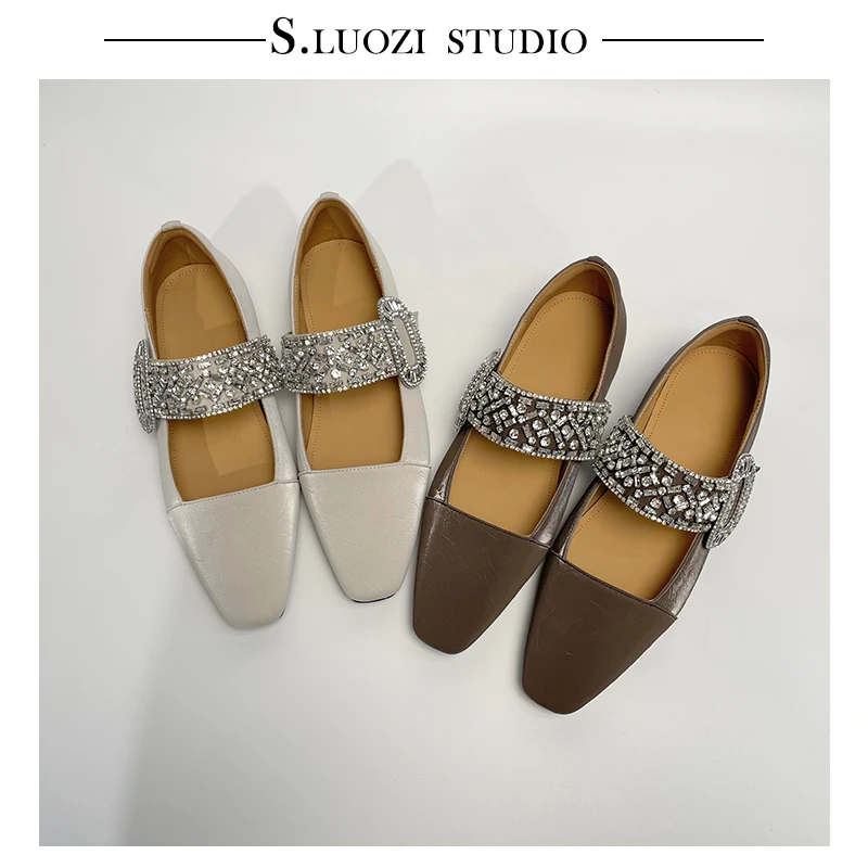 2025早春新款丝绸羊皮气质方头水钻浅口单鞋女法式玛丽珍鞋