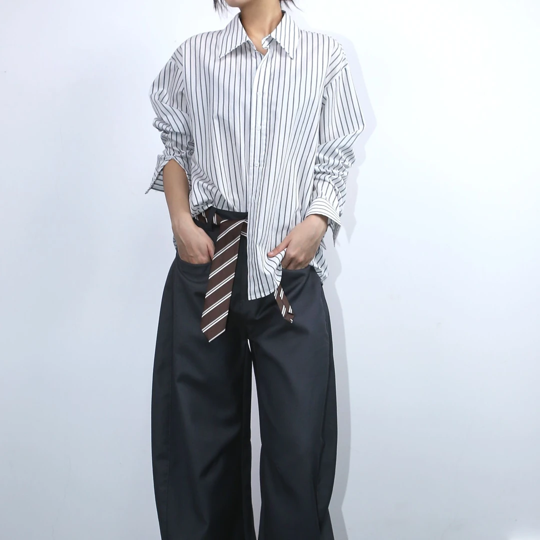 DNCY韩系慵懒风条纹衬衫长袖宽松显瘦设计感洋气衬衣女DA52100020