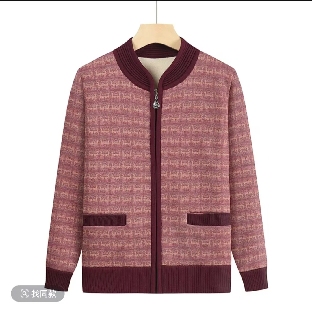 俏优佳22815秋冬季加绒加厚中老年妈妈针织上衣开衫保暖洋气外套