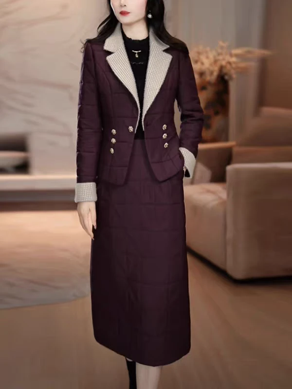 蓄热棉保暖小香风套装裙2025冬季新款时尚夹棉加厚两件套连衣裙子