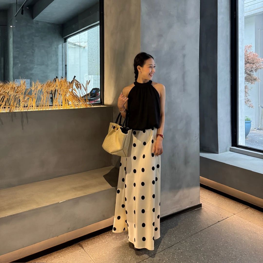 Kitty 25/ss 新款夏季醋酸波点半身裙女法式复古缎面鱼尾长裙