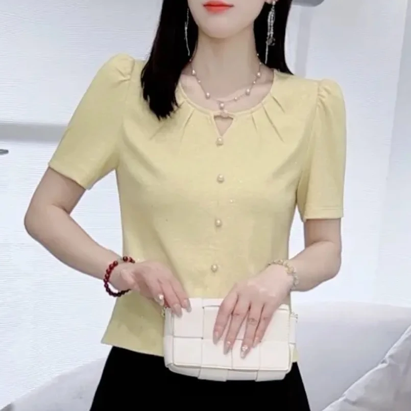 夏季2025新款甜美圆领短袖T恤小众时尚百搭洋气减龄显瘦女士上衣