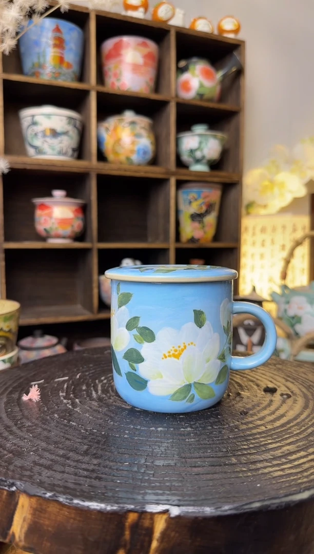 【闪购商品】石一茉莉花带盖咖啡杯