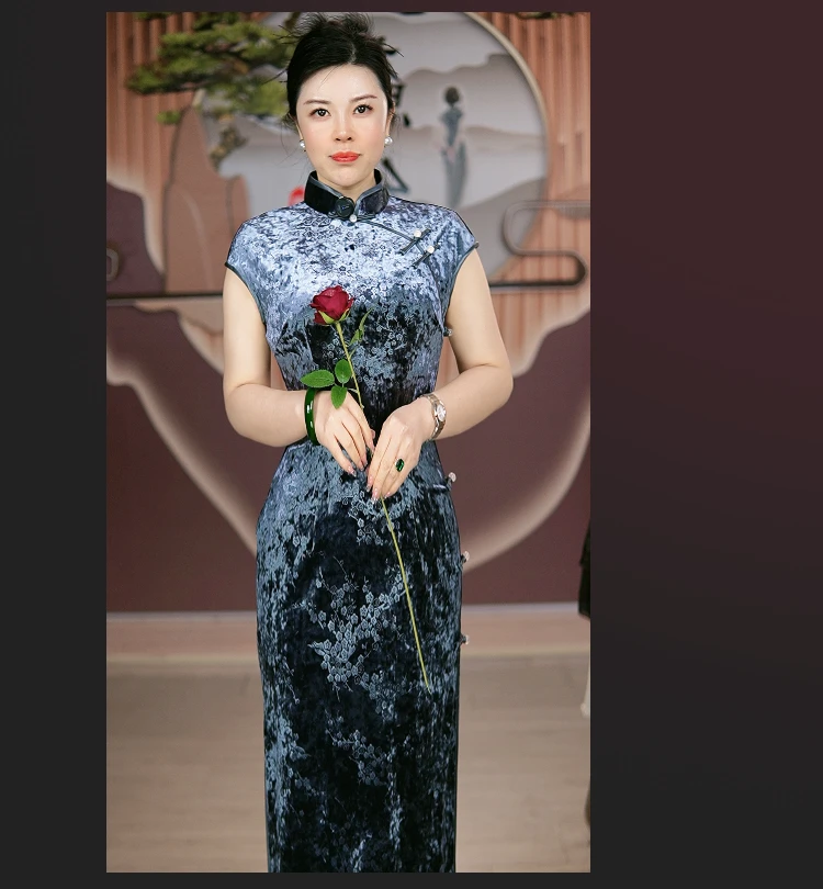 新款2025高端气质烟灰色优雅中国风长款旗袍日常短袖修身高级感