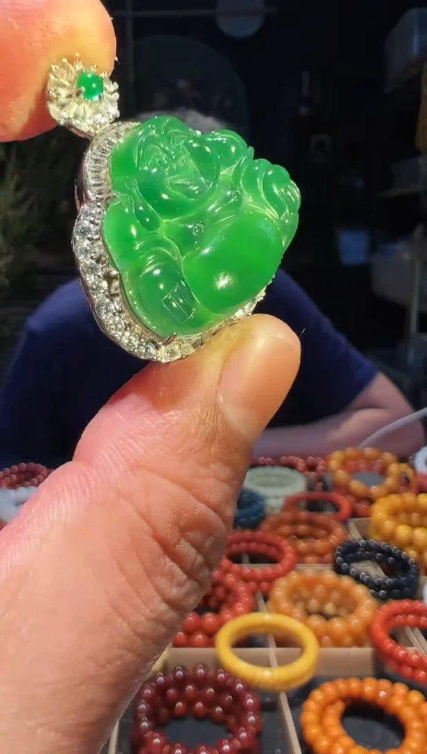 银S925镶嵌手串翡翠挂件-厚