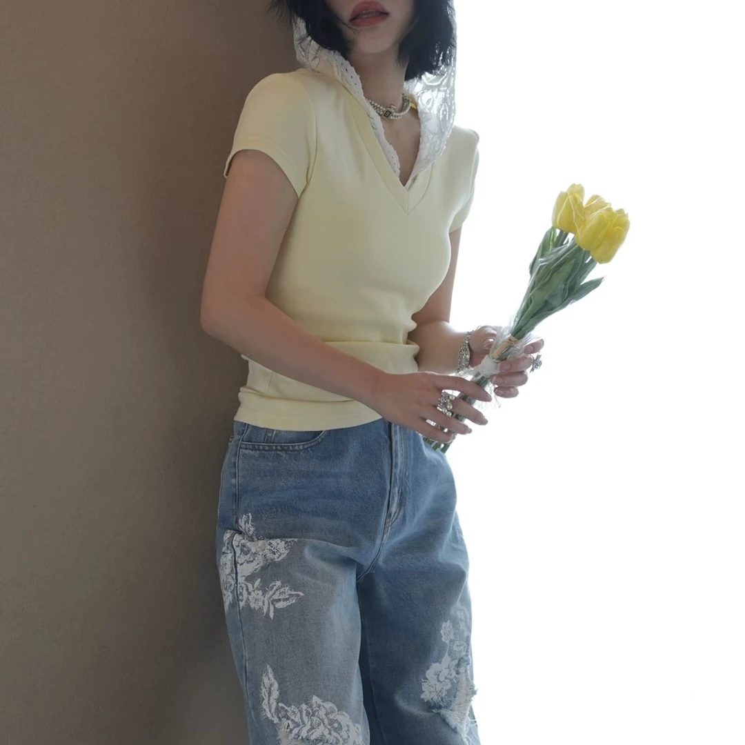 时尚小众蕾丝拼接连帽百搭显瘦短袖T恤 YY71