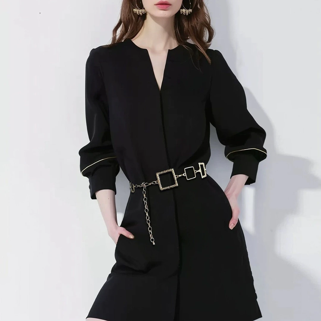 时尚黑色御姐气质v领修身连衣裙女2025春新款中长款收腰显瘦a字裙