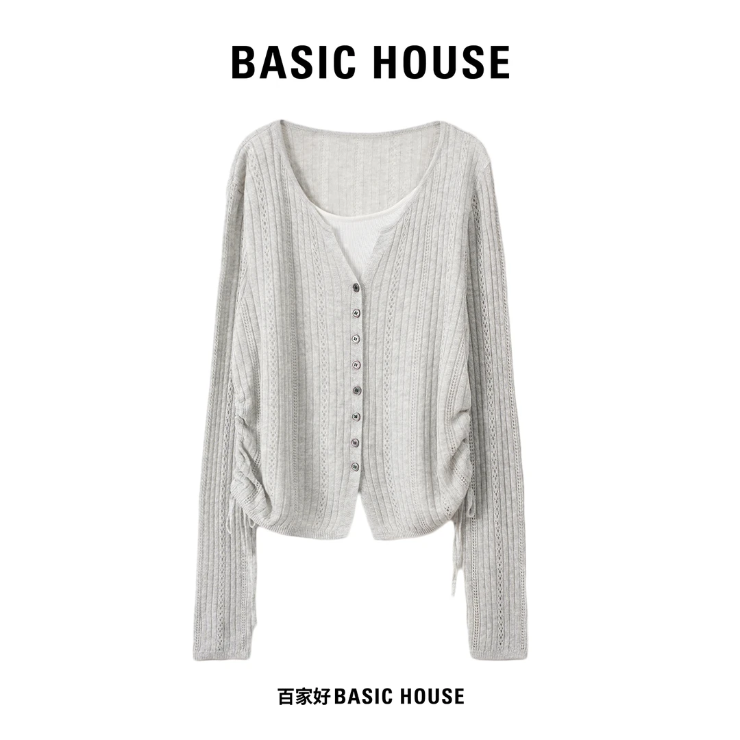Basic House/百家好假两件v领针织衫女2025新款时尚百搭显瘦上衣