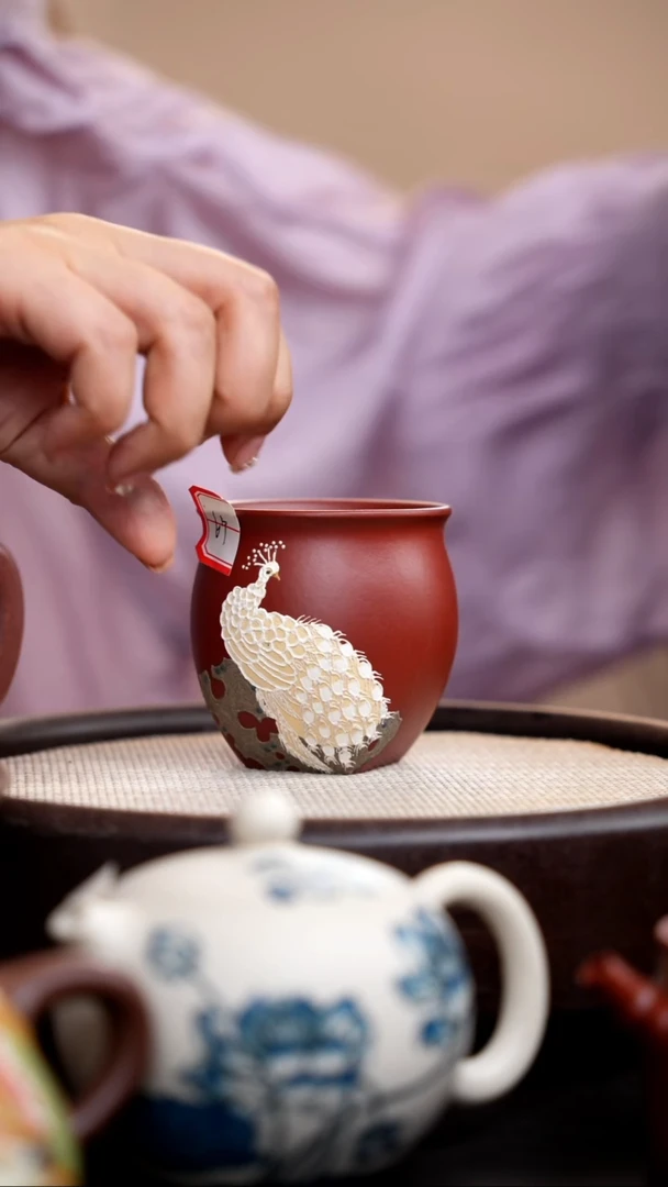 茶壶紫砂朱泥混方孔雀杯