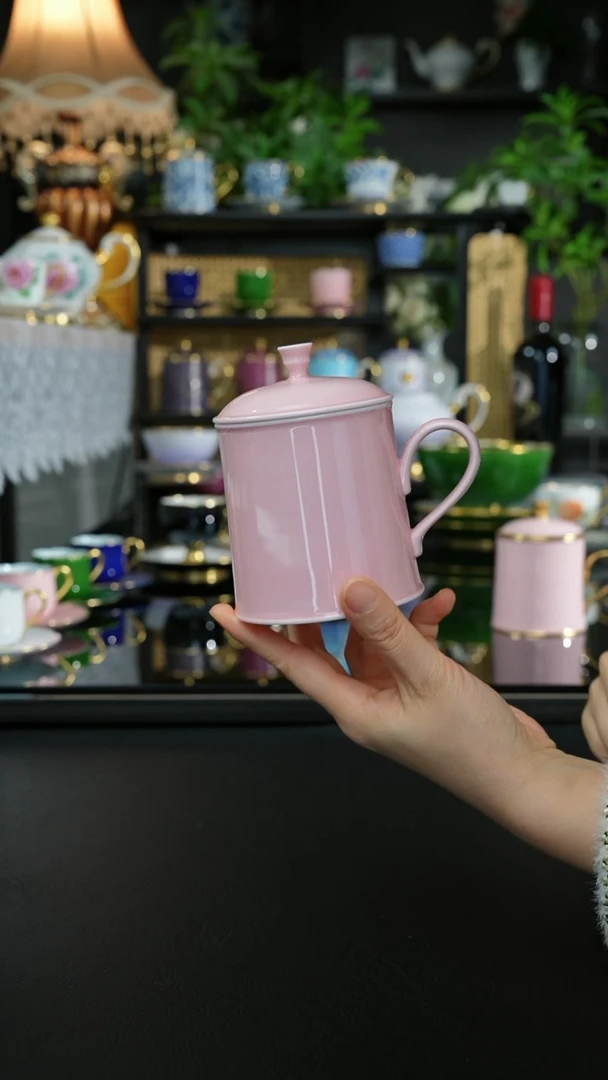 手作高白泥盖杯粉色（无描金