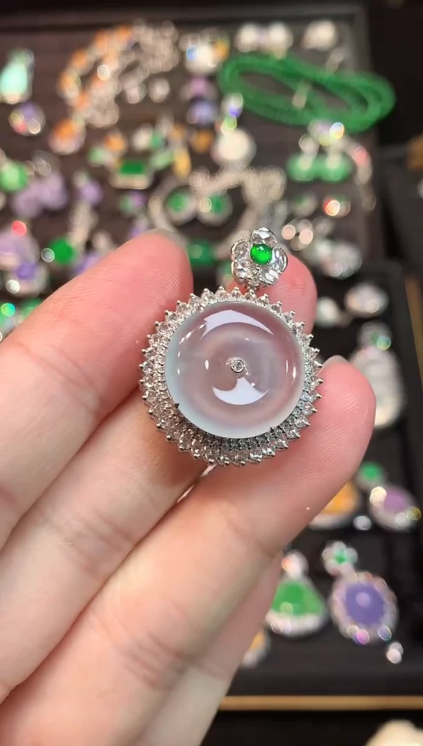 吊坠(赠链)18K金镶嵌翡翠玻璃种起胶平安扣吊坠