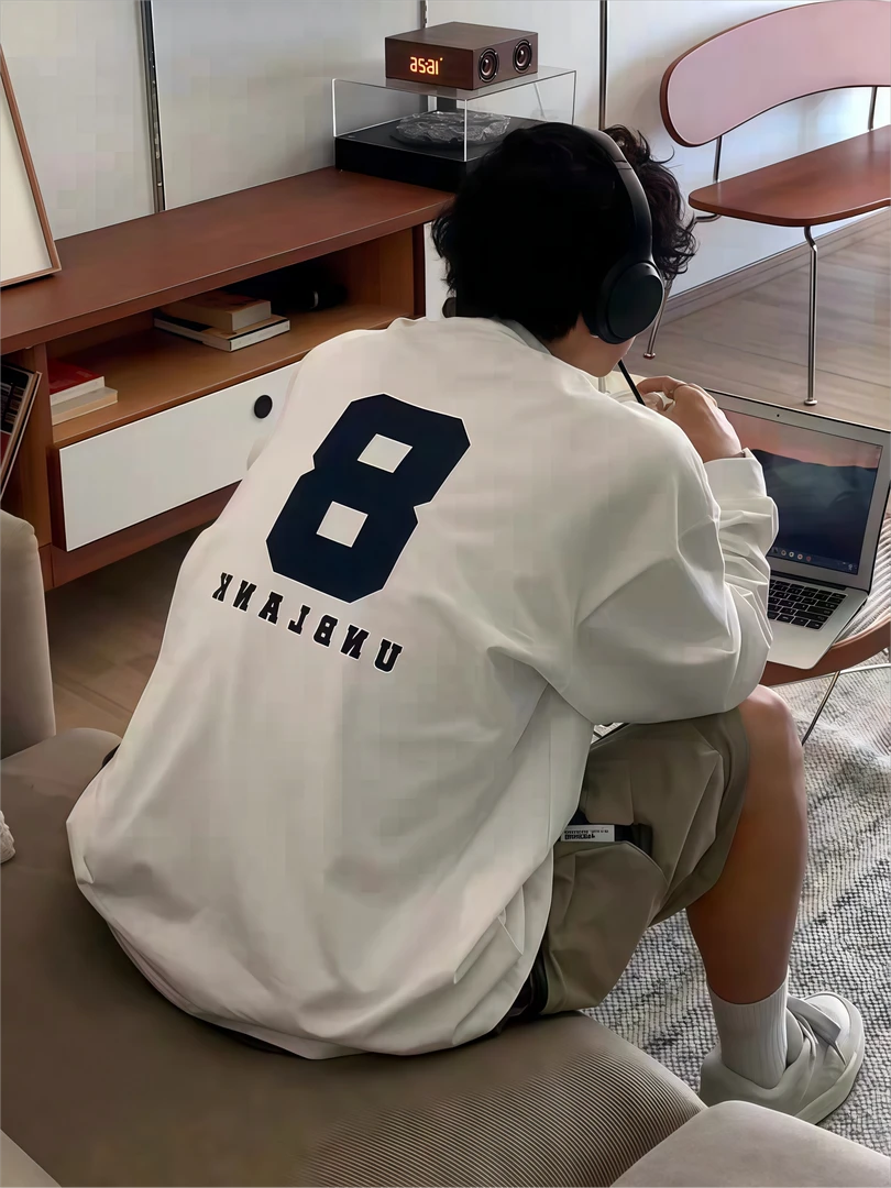 【重磅纯棉】日系字母长袖t恤男生宽松秋季全棉白色单穿打底衫上衣