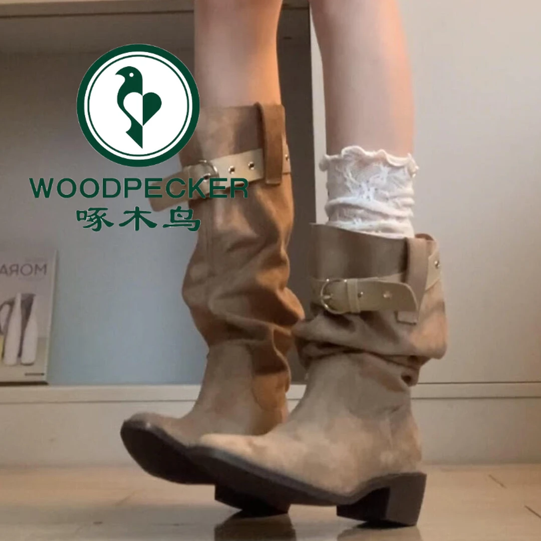 啄木鸟半尖头气质褶皱粗跟小短靴皮带扣复古西部牛仔靴显瘦马丁靴