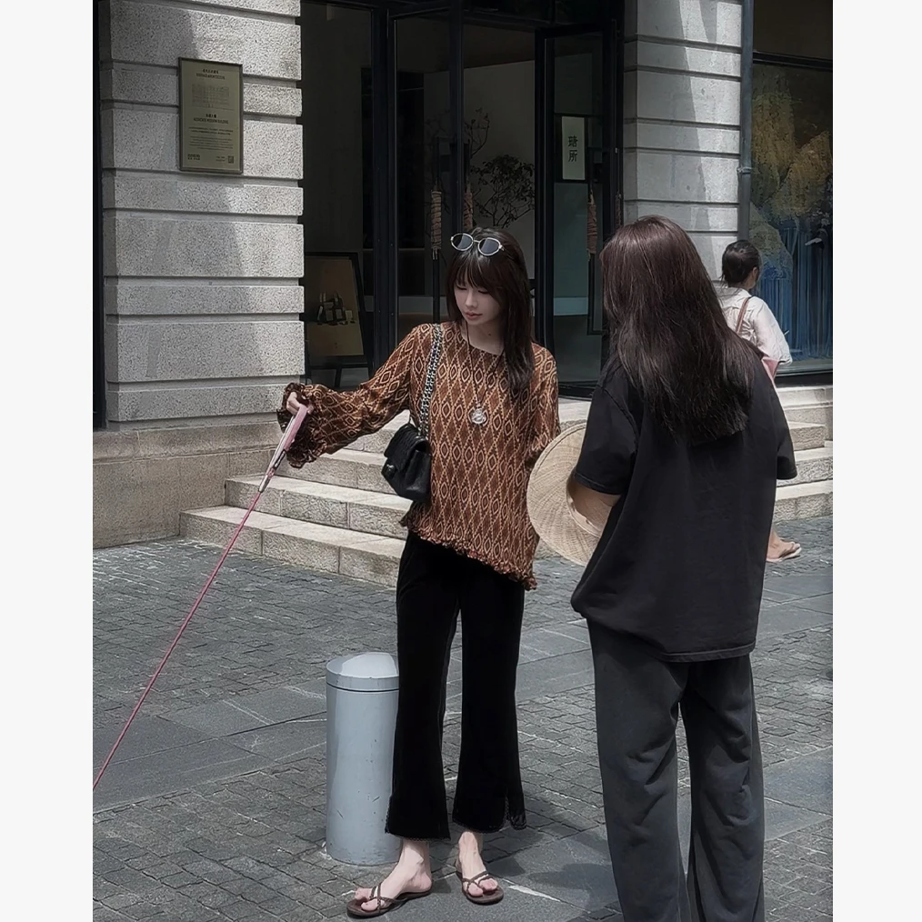 MYRA“云绒”设计师款进口荷兰绒开叉花边微喇九分裤XMSC025362