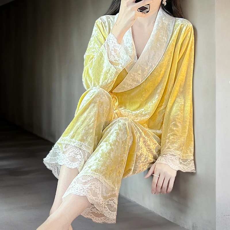 春秋季新款金丝绒长袖长裤纯色公主风蕾丝花边休闲宽松两件套装女