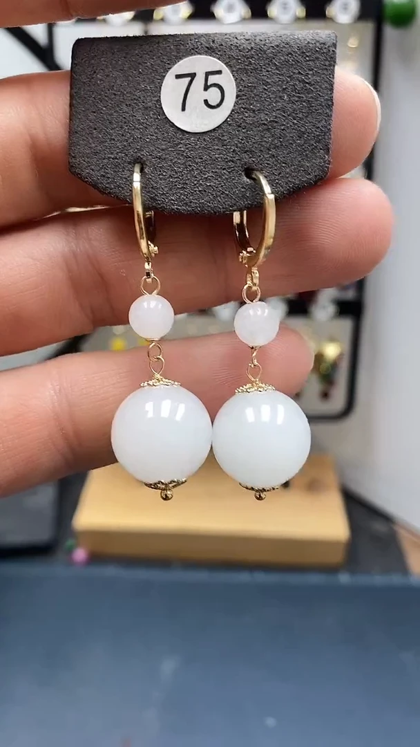 银S925镀金镶嵌和田玉耳饰尺寸14mm连珠耳扣D3