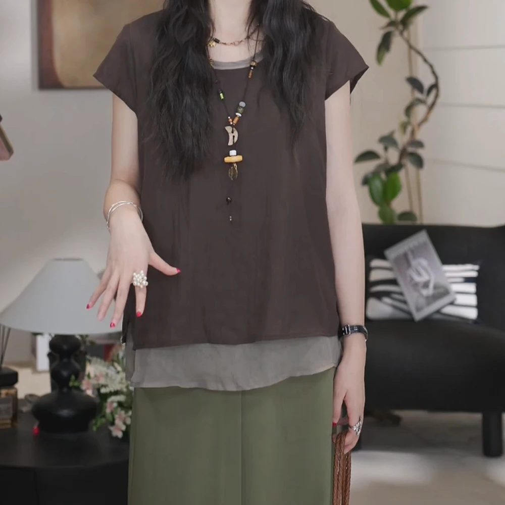 夏季新款层次拼接假两件开叉设计感显瘦咖色上衣C5218