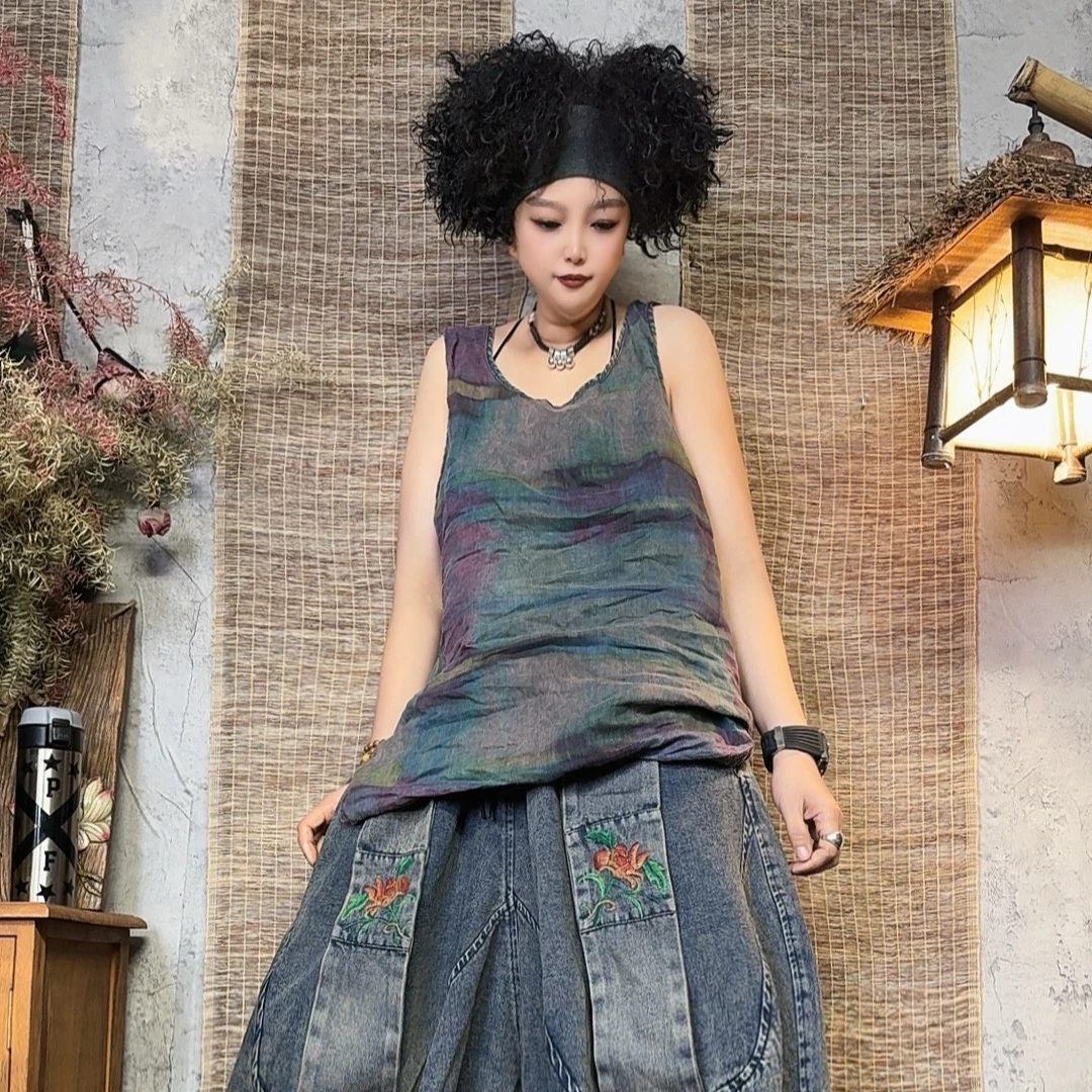 667款夏季宽松复古百搭炒色做旧苎麻印花背心【衣长70胸围110】