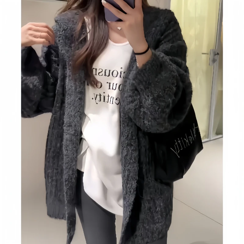 秋冬时尚风慵懒风气质针织连帽外套甜美风针织百搭高级感宽松韩系