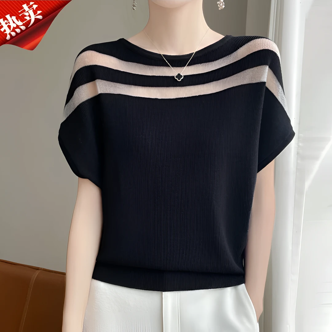 2025夏季新款欧根纱拼接冰丝圆领针织衫女士冰丝镂空短袖针织衫