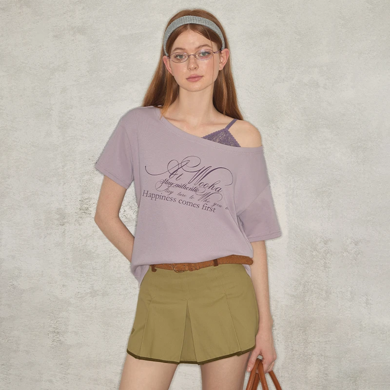 wooha 吾哈2025夏季新款蕾丝拼接斜肩短袖宽松T恤女