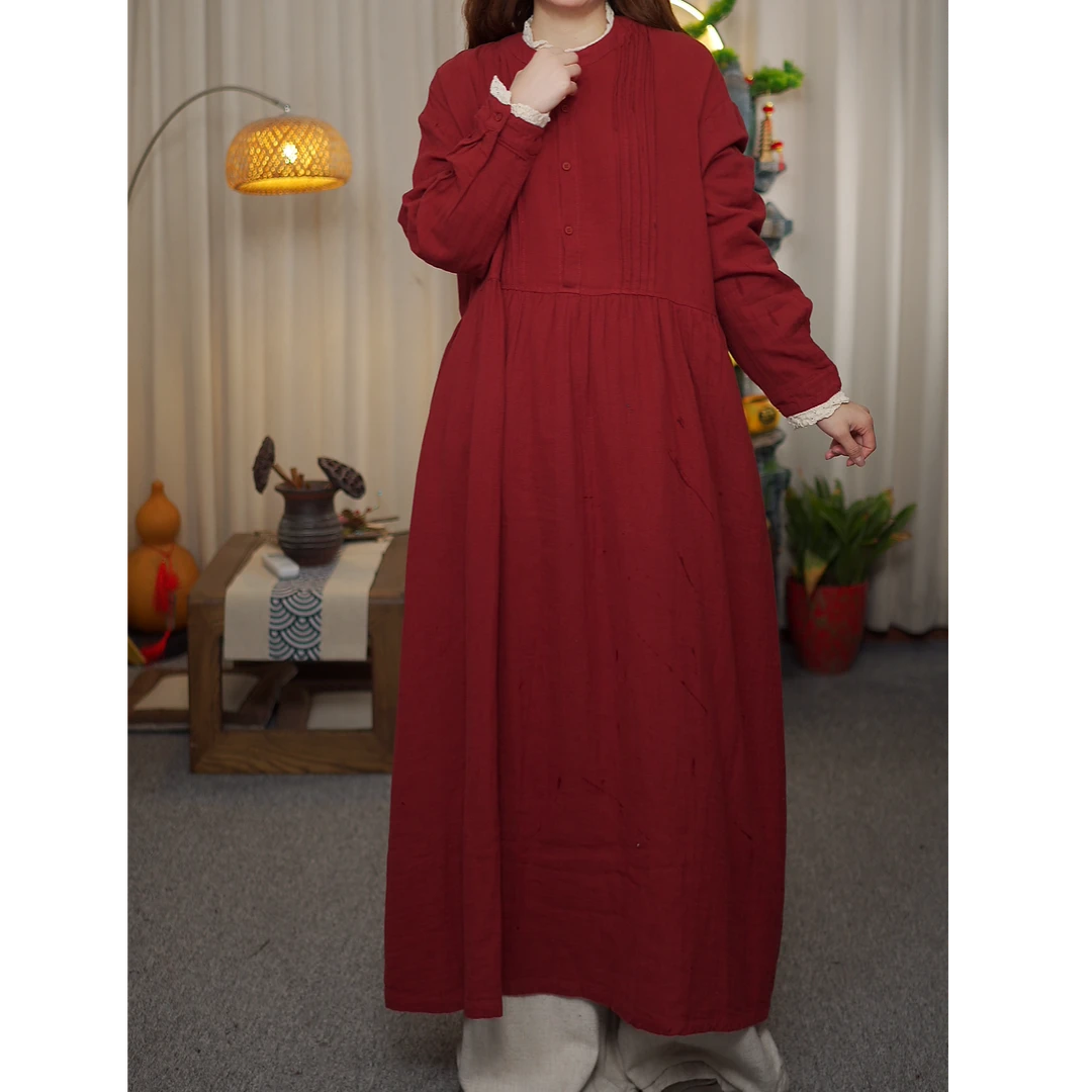 花璟与麻原创设计款拼接花边领连衣袍裙（衣长119胸围120）