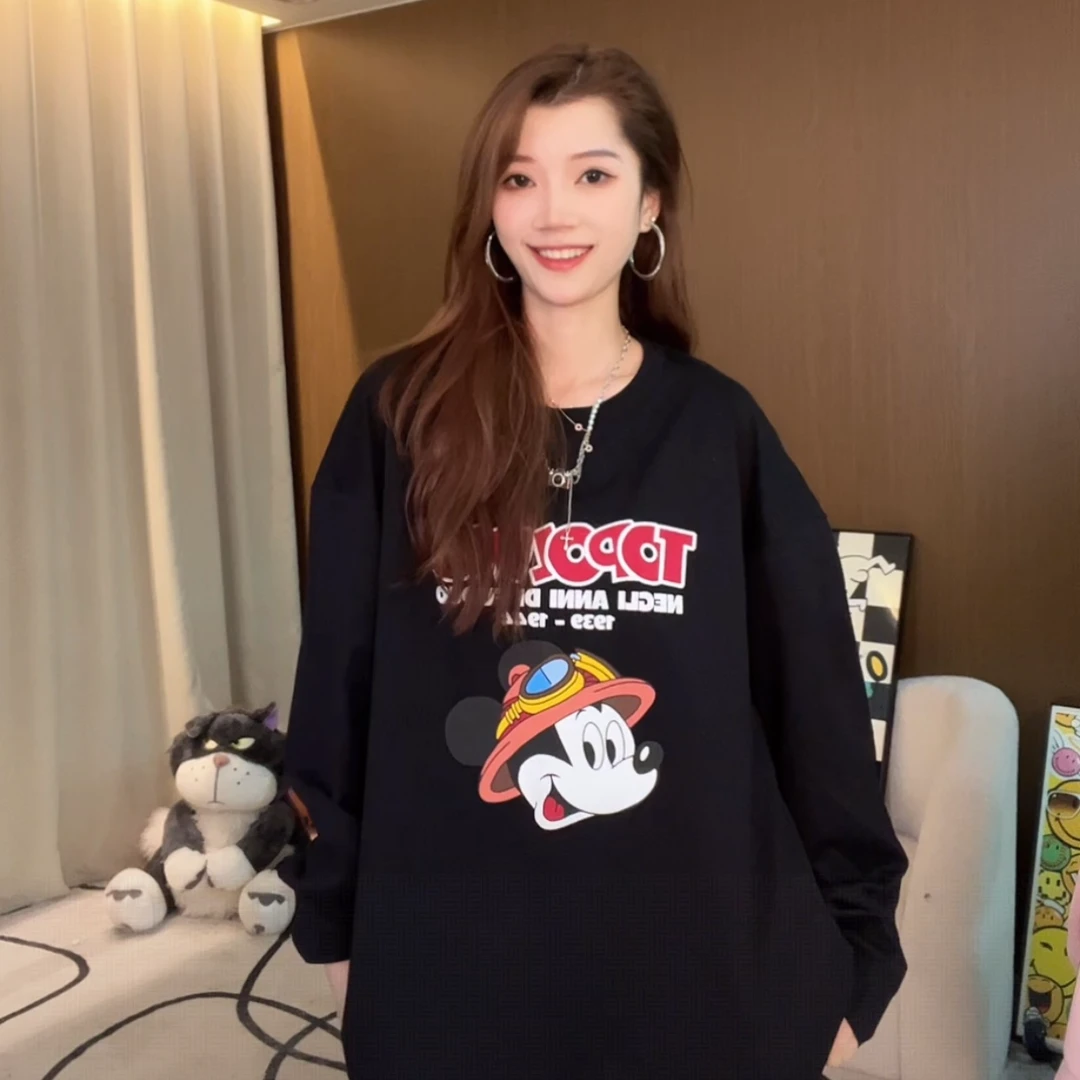 2026春季新款女遮屁股休闲宽松大版米奇印花百搭圆领长袖T恤70016