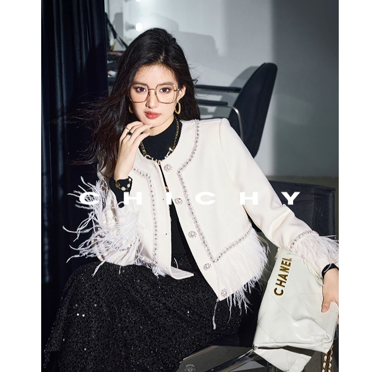 【直播专享】CHICHY白色小香风毛呢外套CT2E002243