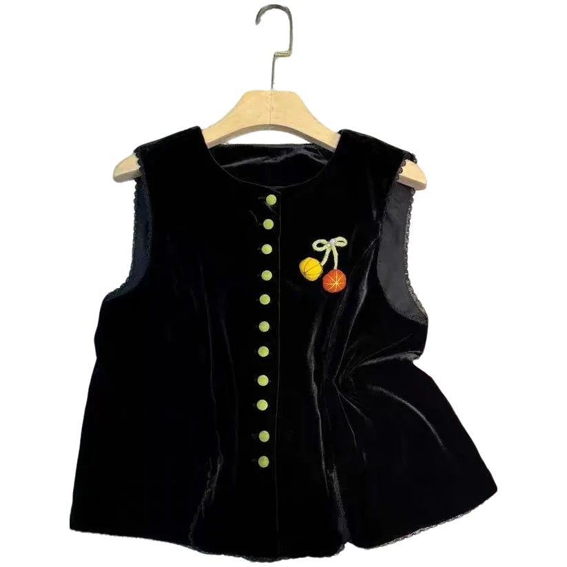 时尚撞色减龄手工南瓜100%桑蚕丝真丝丝绒马甲背心百搭洋气有内衬