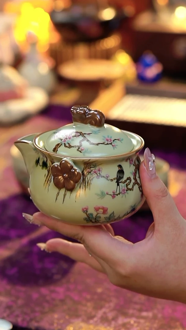 水晶玻璃吸管款汝窑开片喜上眉梢手抓宝瓶孤品