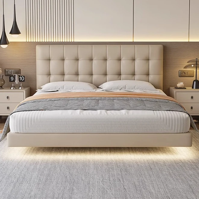 【半青皮床】华夫格悬浮床意式极简风主卧牛皮床双人床软床真皮大床