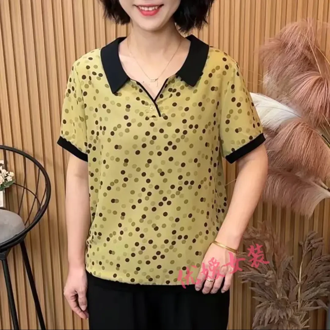 夏季新款时尚洋气翻领波点短袖T恤印花显瘦减龄休闲百搭气质上衣