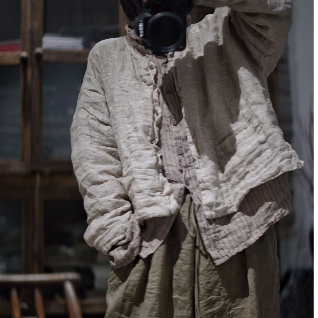 sunianweiyang/素年未央阿仓 亚麻色织条纹高领开衫衬衫