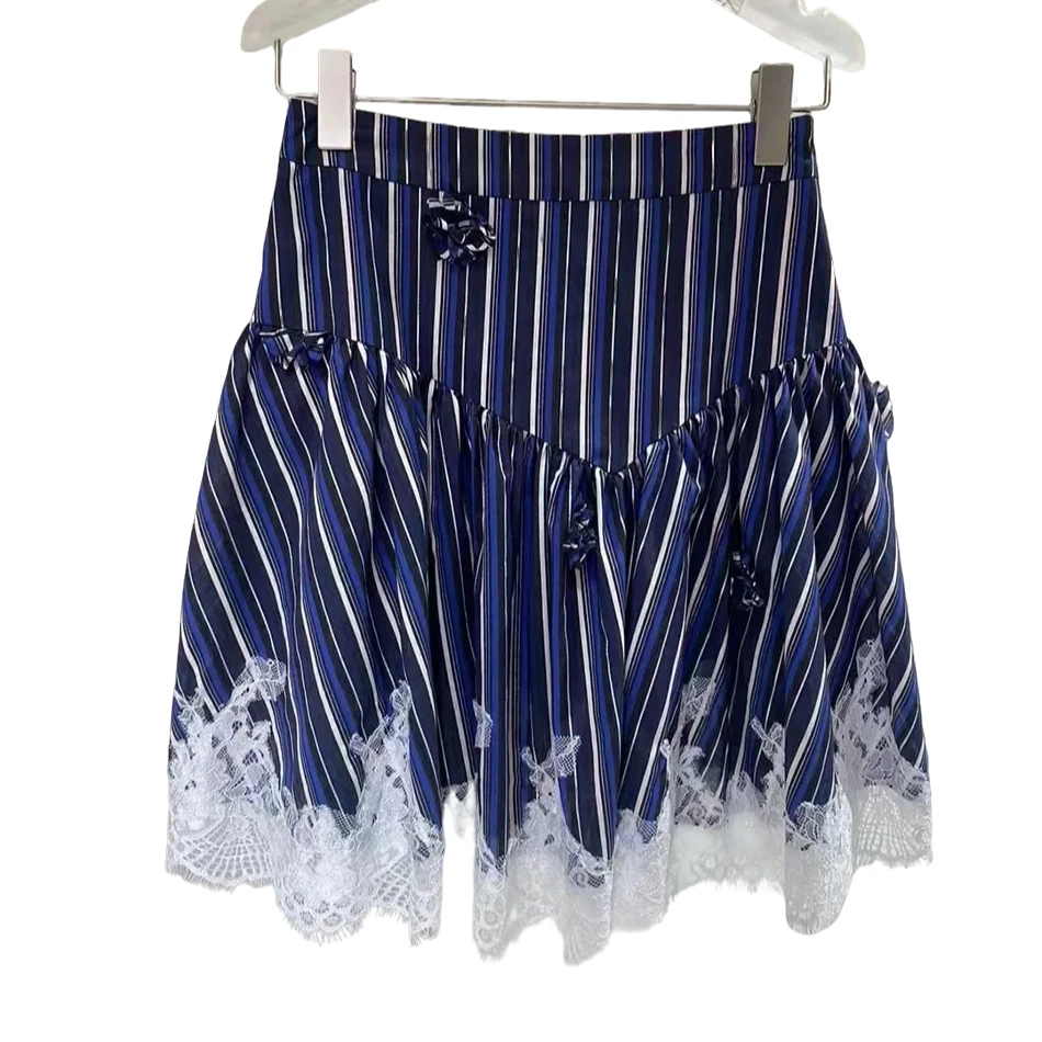 新款 短裙仙女风蕾丝条纹高腰半身裙夏季裙子套装拼接蓝色